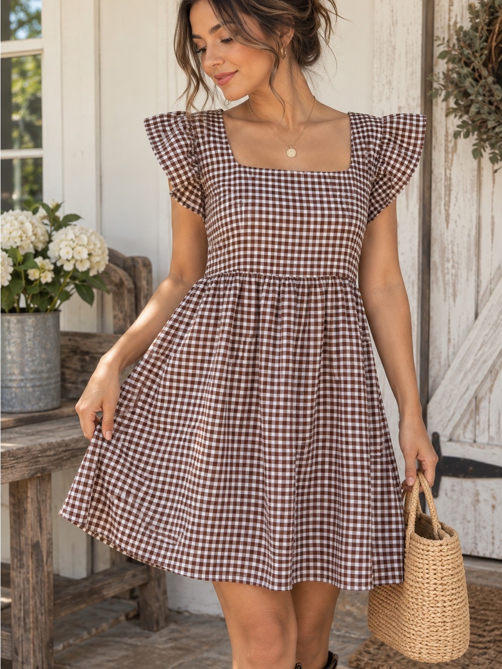 Brown Gingham Babydoll Mini Dress XL Cottagecore Farmhouse